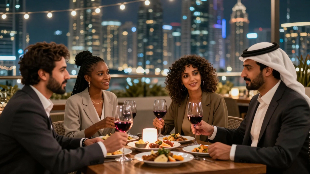 A diverse group shares wine and conversation on a rooftop restaurant in Dubai, skyline glowing in the background.