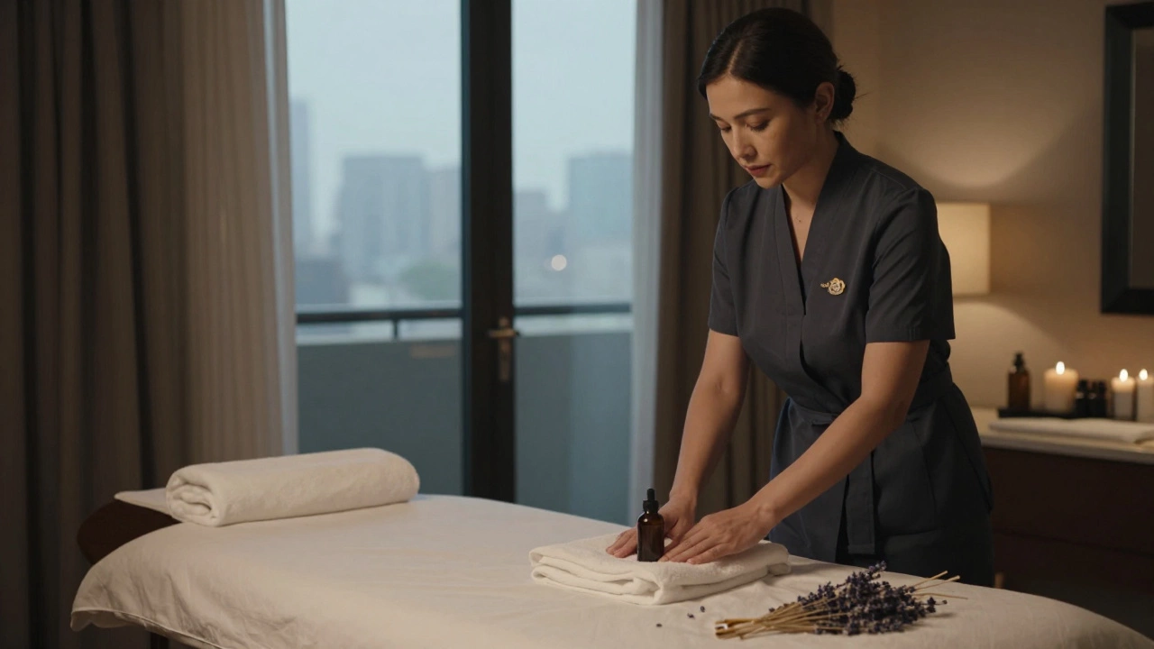 A professional woman prepares a massage table with oils and towels in a luxury hotel suite, skyline visible through the door.
