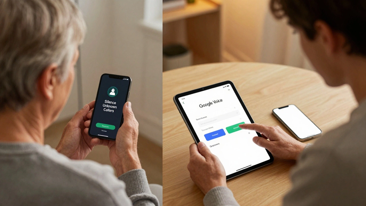 Elderly person ignoring a phone while another uses a secondary number for online signups.