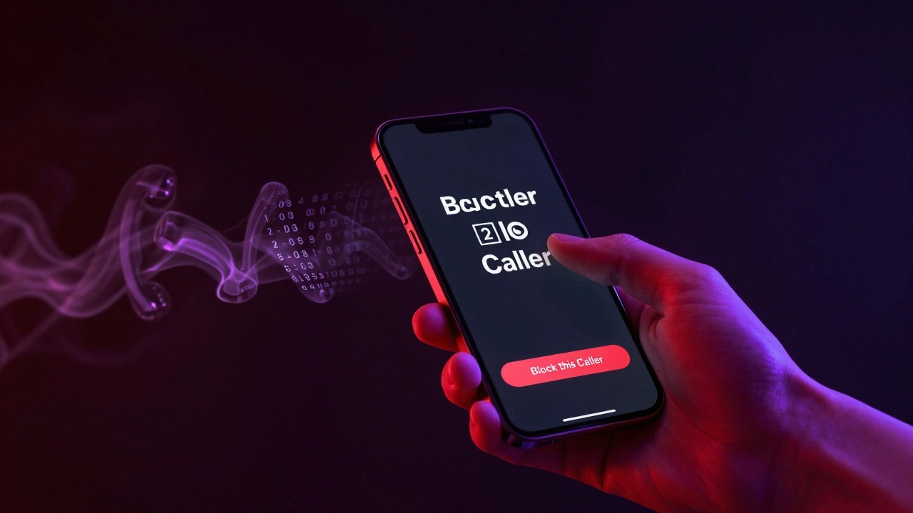 Hand blocking a spam caller as ghostly numbers disappear into the background.